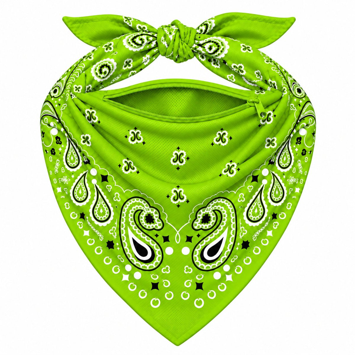 Neon Green Stash Bandana pocket unzipped, showing the inside of the concealed pocket