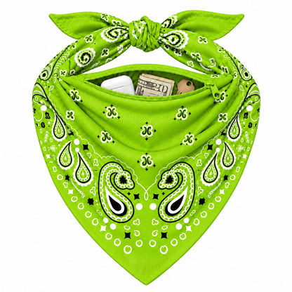 Neon Green Stash Bandana pocket stuffed with cash and cards to show capacity
