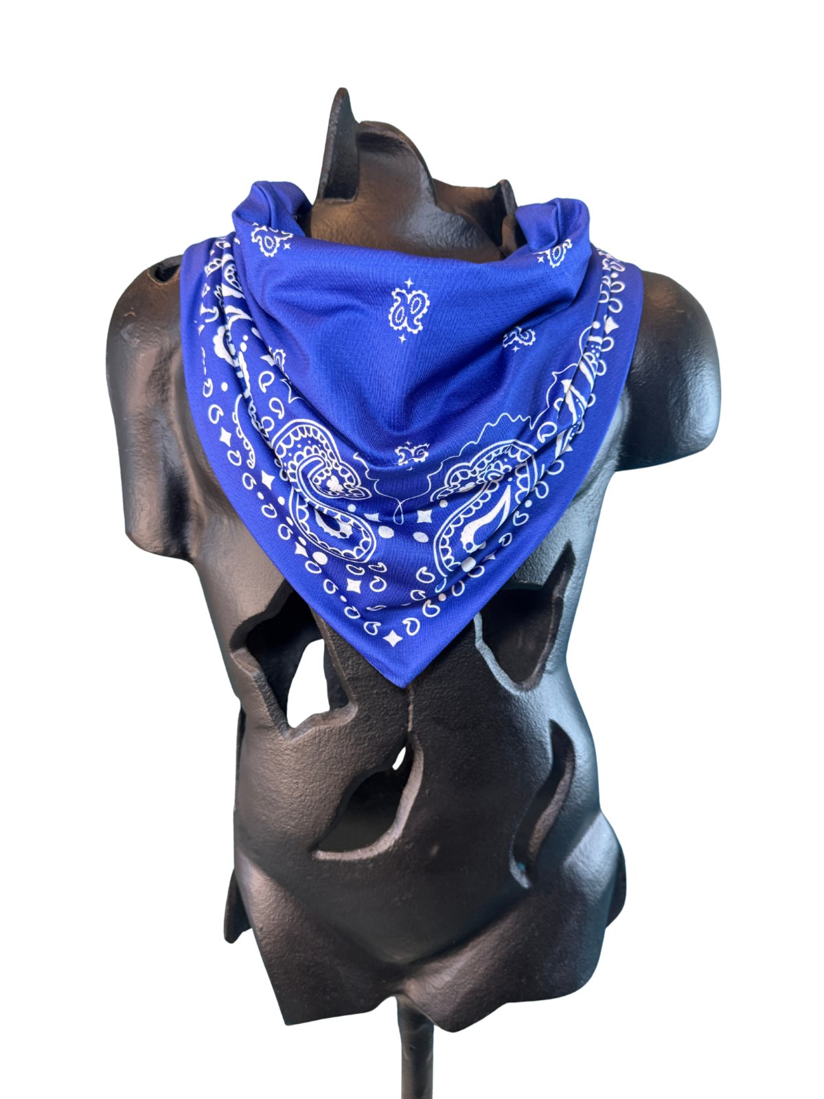 Navy Stash Bandana worn as a neck bandana, pre-sewn triangle with concealed zipper pocket