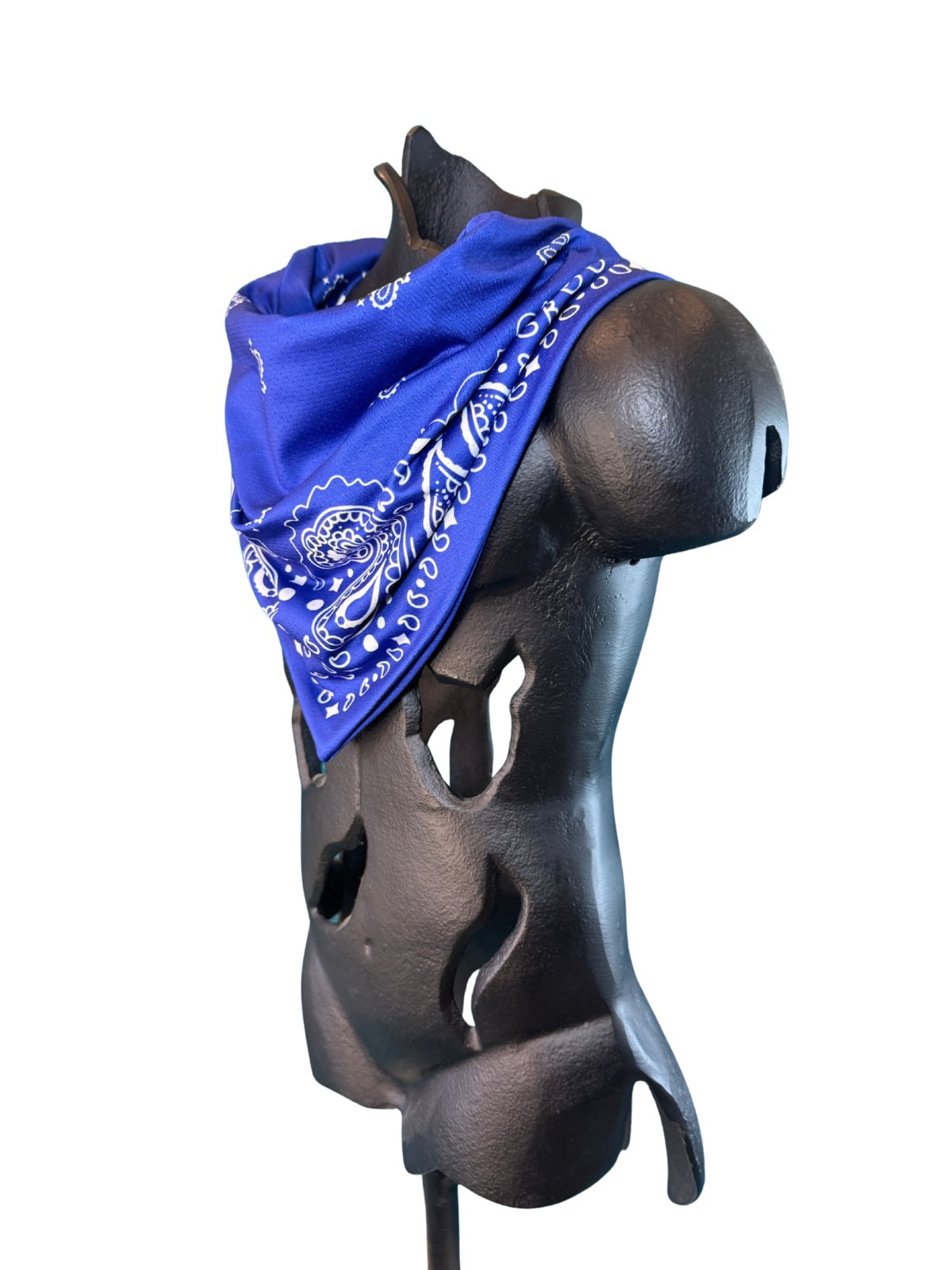 Angled view of the Navy Stash Bandana showing the paisley pattern and concealed zipper pocket