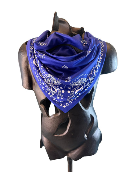 Navy Stash Bandana worn with the front pocket opening visible