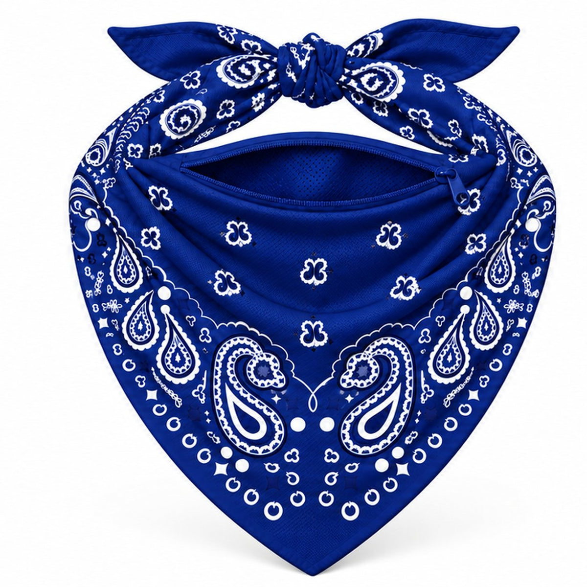 Navy Stash Bandana pocket unzipped, showing the inside of the concealed pocket