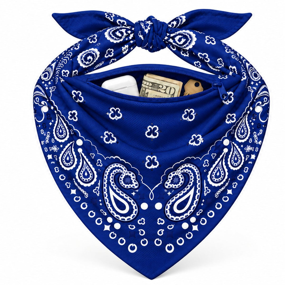 Navy Stash Bandana pocket stuffed with cash and cards to show capacity