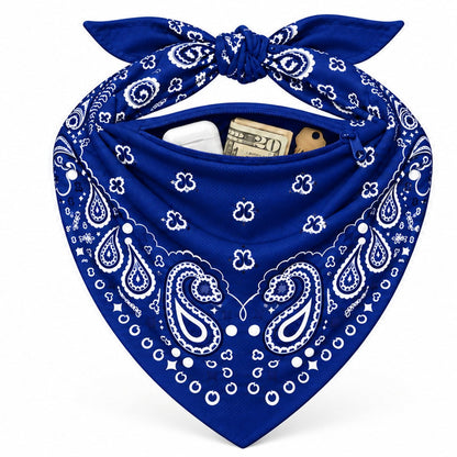 Navy Stash Bandana pocket stuffed with cash and cards to show capacity