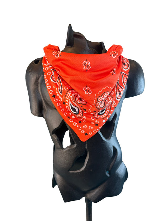 Orange Stash Bandana worn as a neck bandana, pre-sewn triangle with concealed zipper pocket