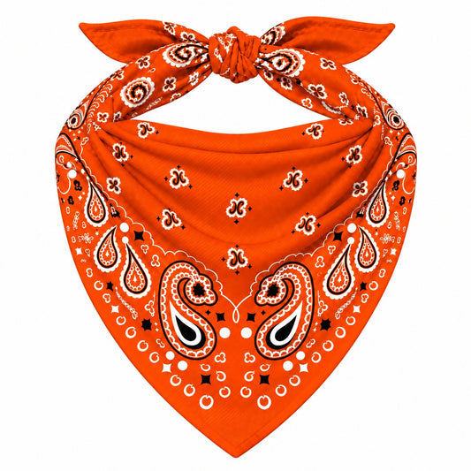 Orange Stash Bandana pocket zipped closed, seam blending into the paisley print