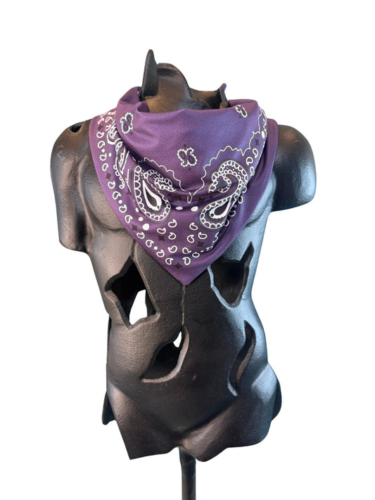 Purple Stash Bandana worn as a neck bandana, pre-sewn triangle with concealed zipper pocket