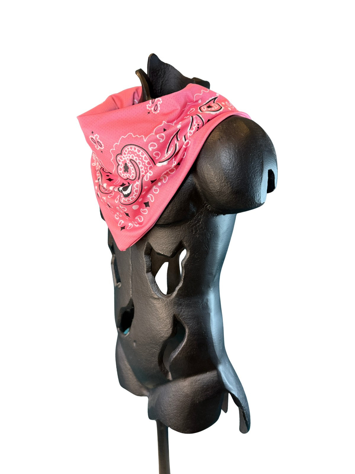 Angled view of the Pink Stash Bandana showing the paisley pattern and concealed zipper pocket