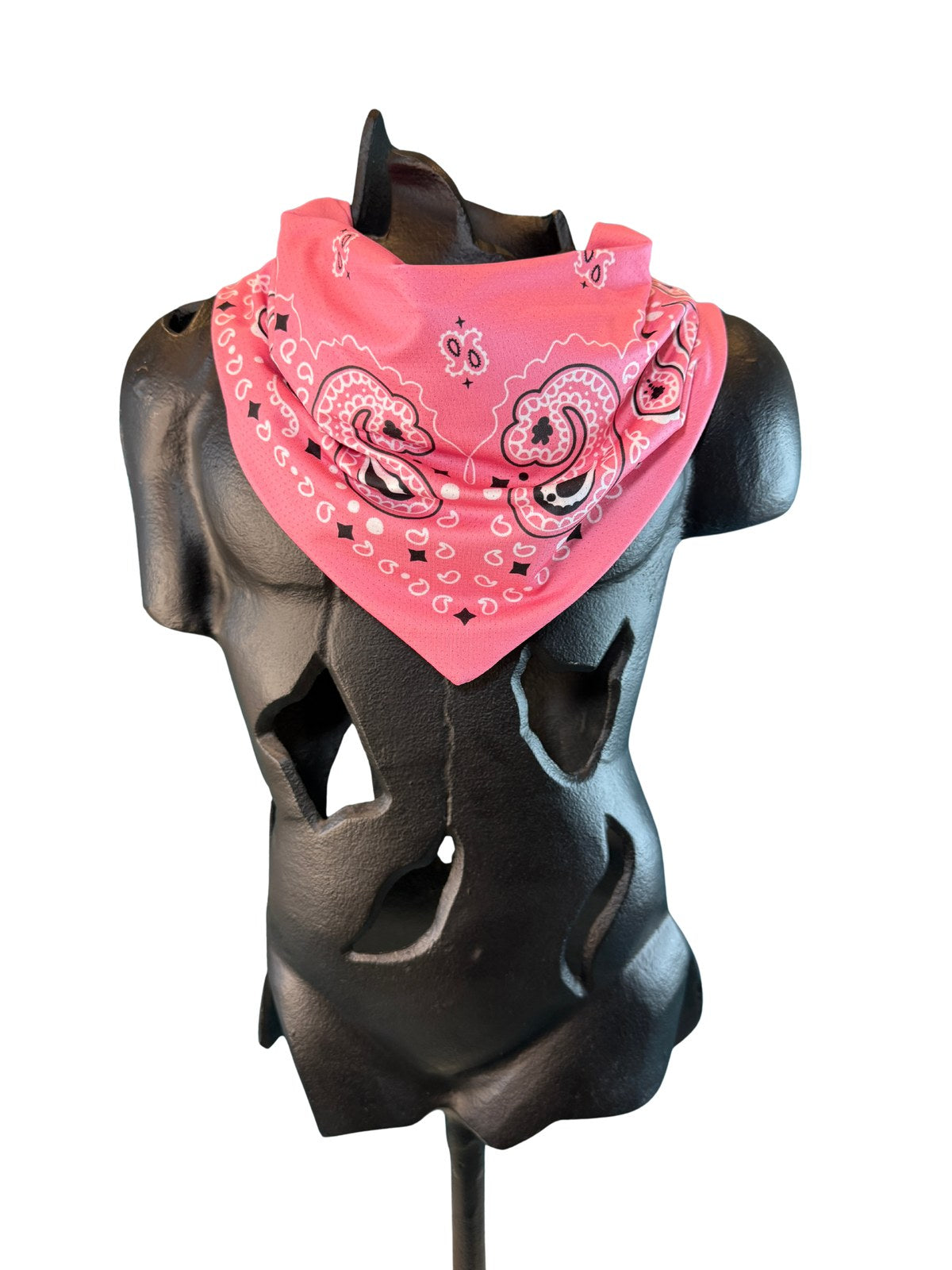 Pink Stash Bandana worn as a neck bandana, pre-sewn triangle with concealed zipper pocket