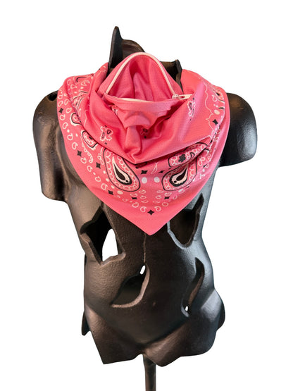 Pink Stash Bandana unfolded flat showing the hidden zipper pocket opening