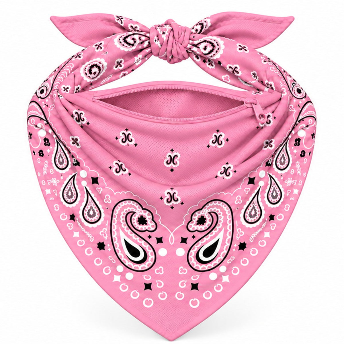 Pink Stash Bandana pocket unzipped, showing the inside of the concealed pocket