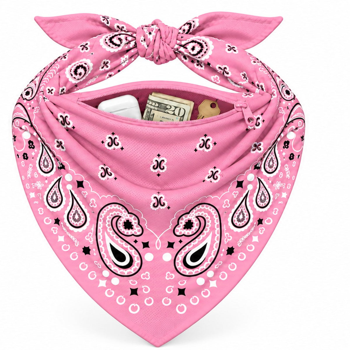 Pink Stash Bandana pocket stuffed with cash and cards to show capacity