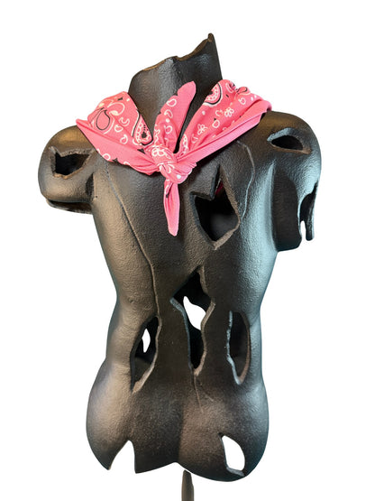 Pink Stash Bandana tied and worn, showing the fit and fabric drape