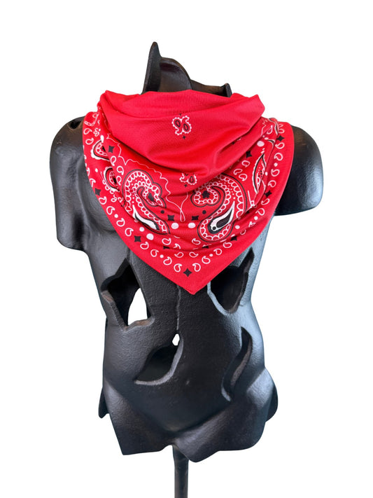 Red Stash Bandana worn as a neck bandana, pre-sewn triangle with concealed zipper pocket