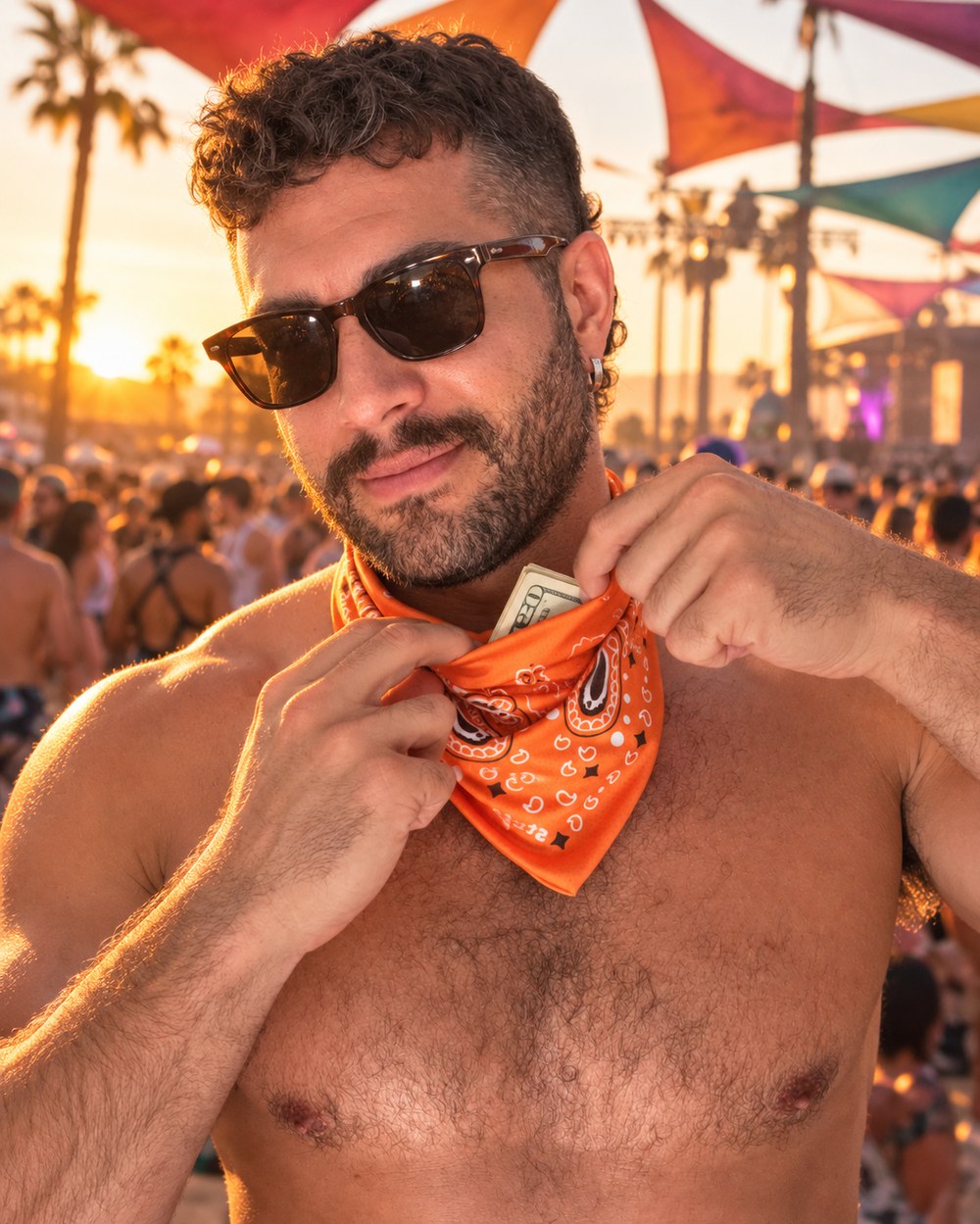 Man in sunglasses tucking cash into the hidden pocket of an orange Stuffy Fox bandana
