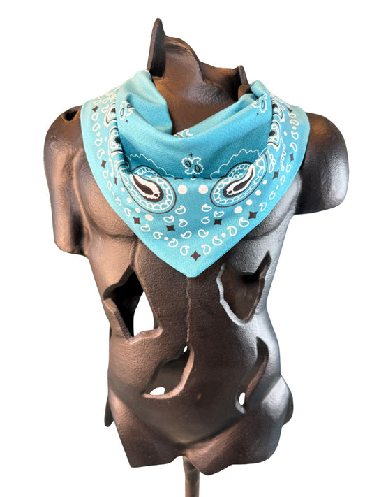 Teal Stash Bandana worn as a neck bandana, pre-sewn triangle with concealed zipper pocket