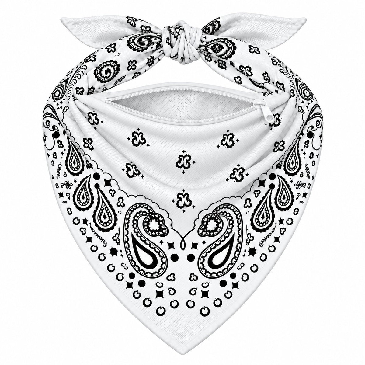 White Stash Bandana pocket unzipped, showing the inside of the concealed pocket