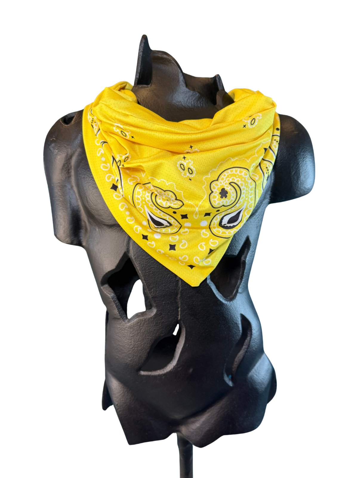 Yellow Stash Bandana worn as a neck bandana, pre-sewn triangle with concealed zipper pocket