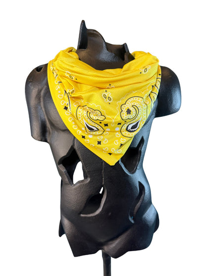 Yellow Stash Bandana worn as a neck bandana, pre-sewn triangle with concealed zipper pocket