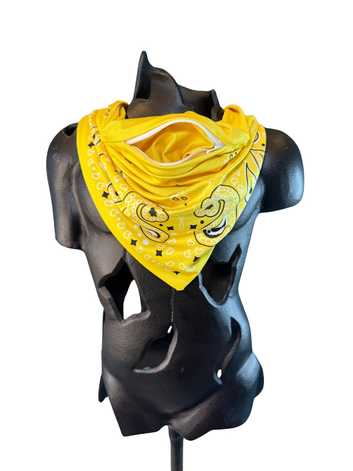 Yellow Stash Bandana worn with the front pocket opening visible