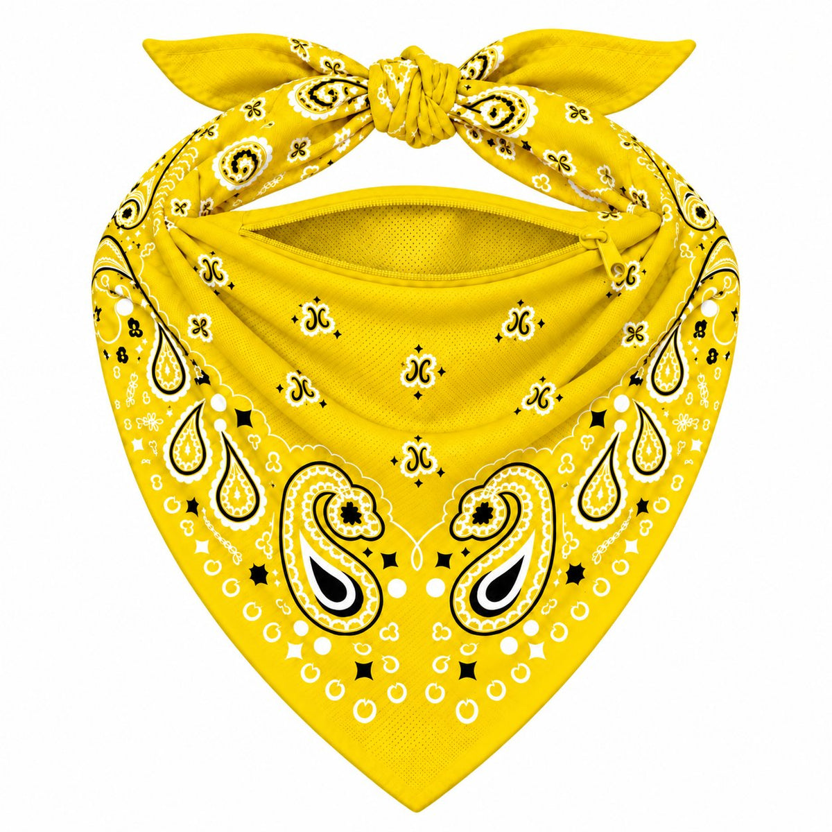 Yellow Stash Bandana pocket unzipped, showing the inside of the concealed pocket