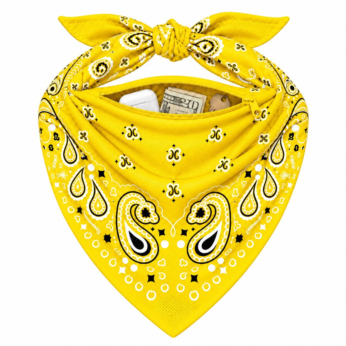 Yellow Stash Bandana pocket stuffed with cash and cards to show capacity